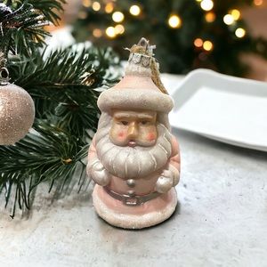 Vintage Pottery Barn Mercury Glass Santa Ornament Pink & White 5"H #D537Q